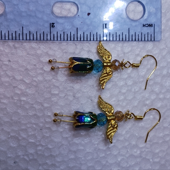 NEW Dancing Angel Earrings, Gold tone with blue enamel - Picture 3 of 3